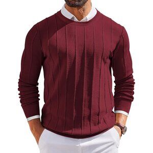 Mens Crew Neck Sweater Long Sleeve Ribbed Knit Slim Fit Pullover Wine Red Dress